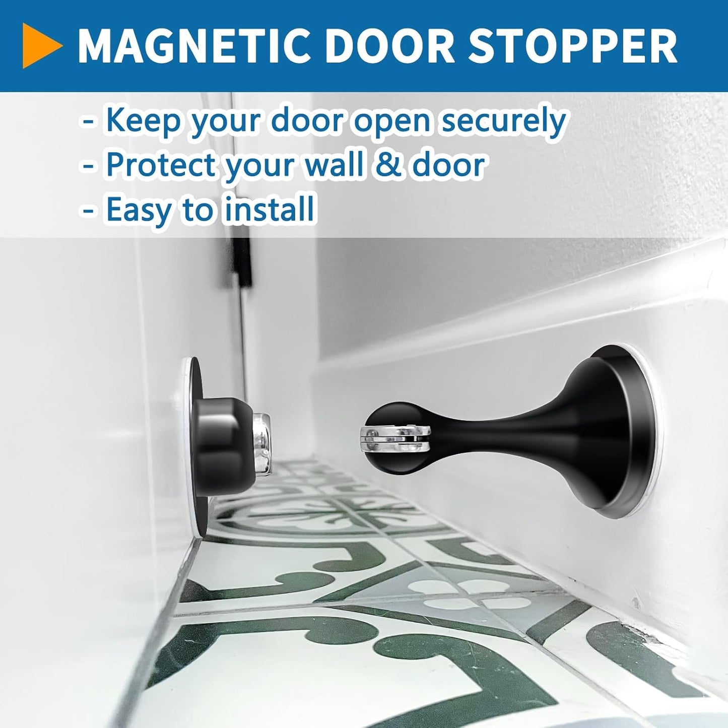 2 Pack Door Stops Self Adhesive Black Magnetic Door Stoppers No Drill Wall Floor Mount Stainless Steel Magnetic Door Catch Door Holders