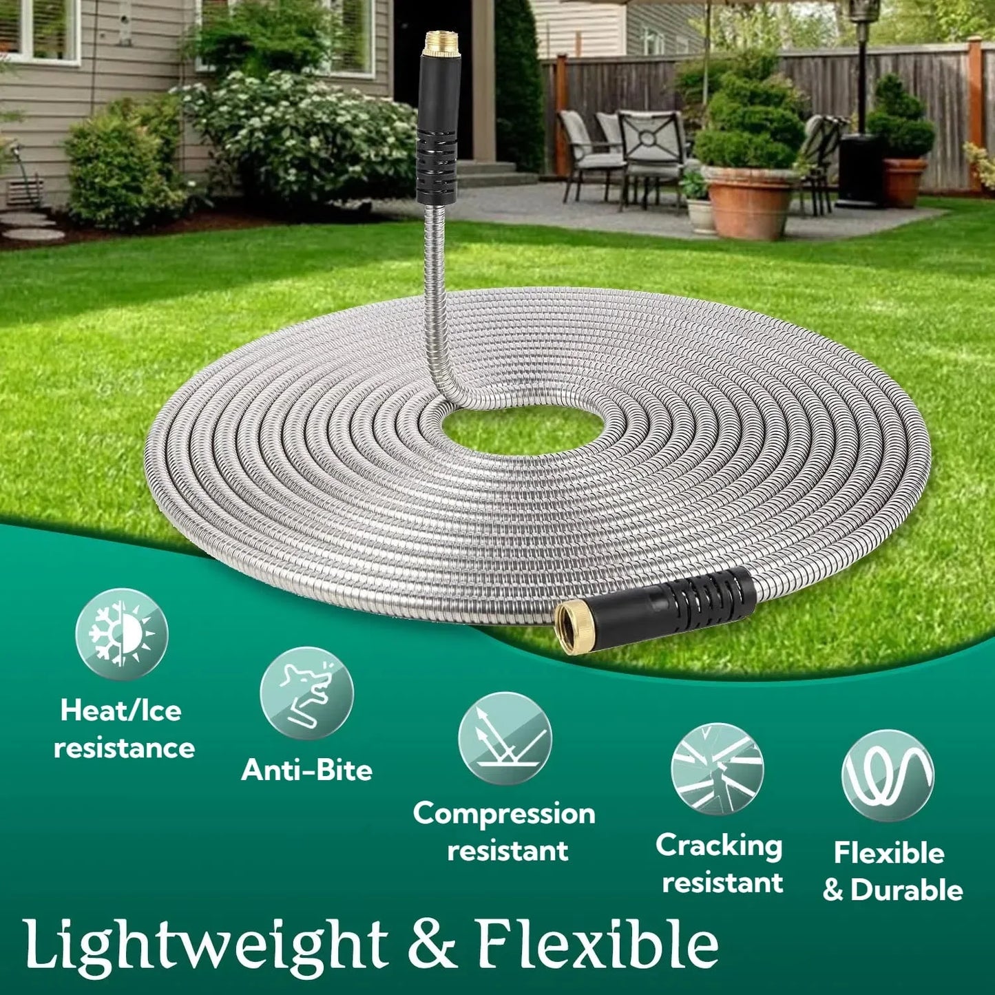 Metal Garden Hose 50Ft, 304 Stainless Steel Garden Hose, Heavy Duty Water Hoses with 10 Function Hose Nozzle, Flexible, No Kink & Tangle, Leak & Puncture Proof, 150Psi