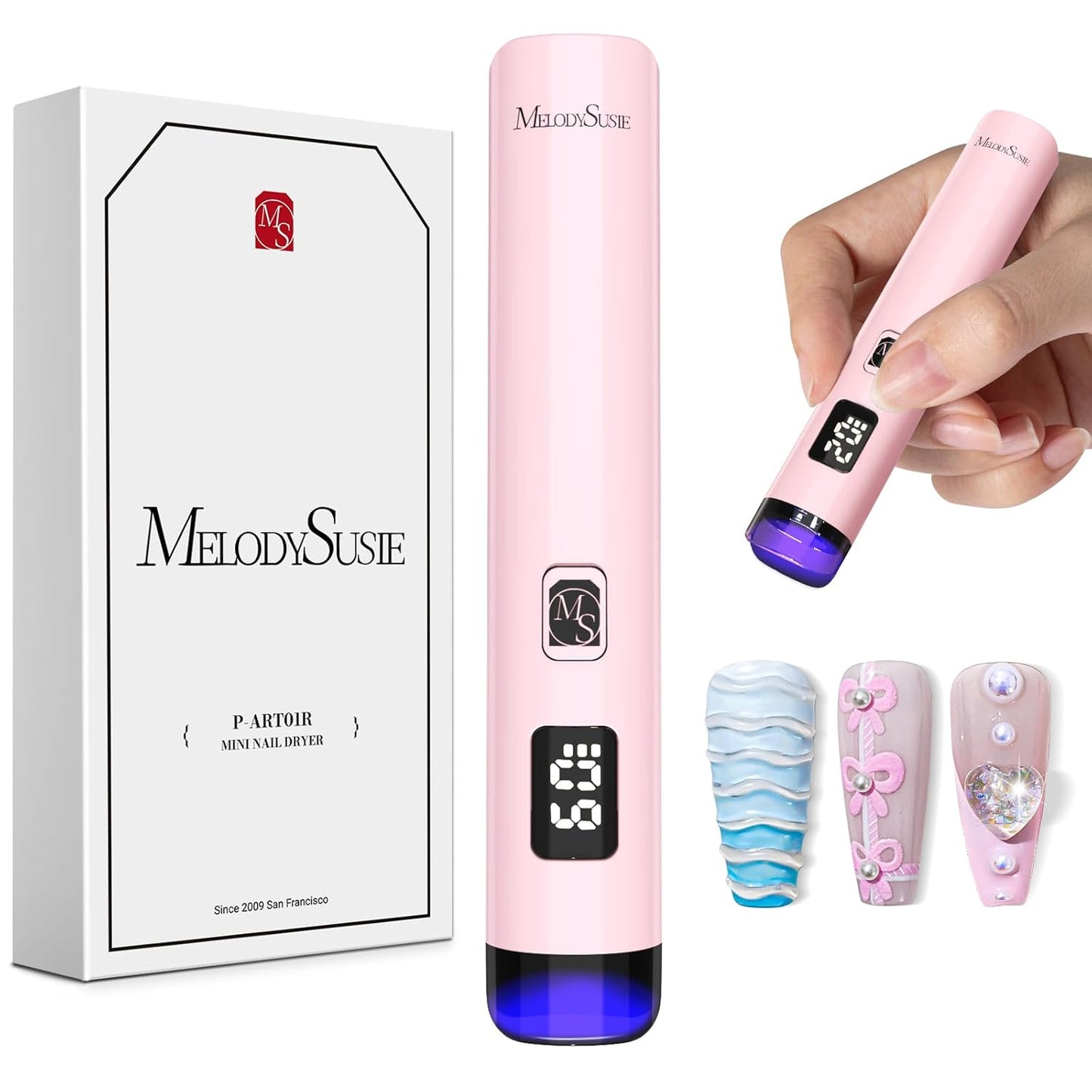 Handheld UV Light for Gel Nails, ART01R Cordless Gel X Nail Lamp Rechargeable with LCD Display, Eye-Protective Cover Flash Cure Nail Dryer for Rhinestone Glue Decoration DIY at Home White