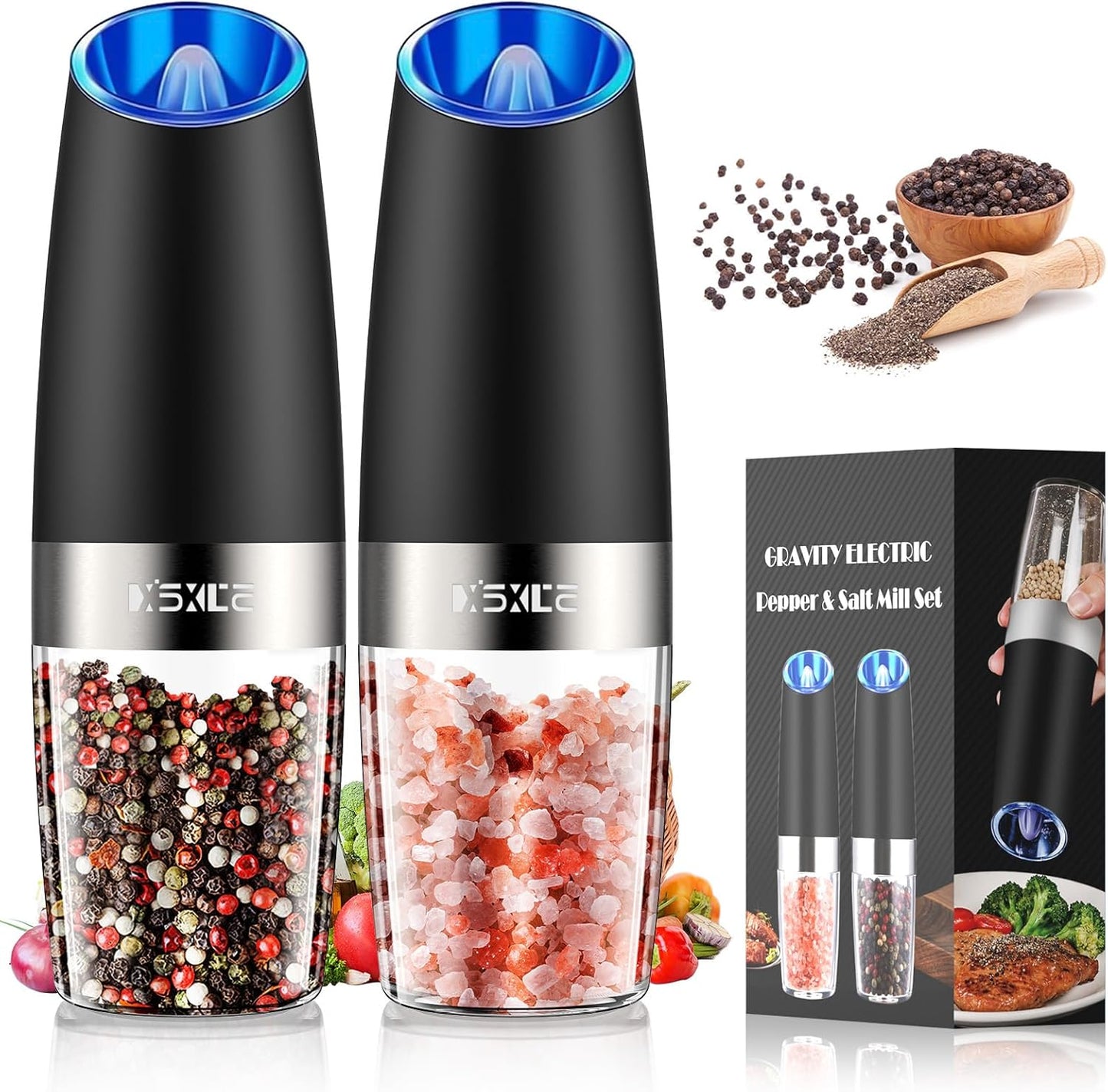 RECHARGEABLE Salt and Pepper Grinder Set,Automatic Pepper Mill,Usb Rechargeable,Adjustable Coarseness,One-Handed Operation,Ceramic Burr,Refillable,Auto Grinders Shakers LED Light,Sliver
