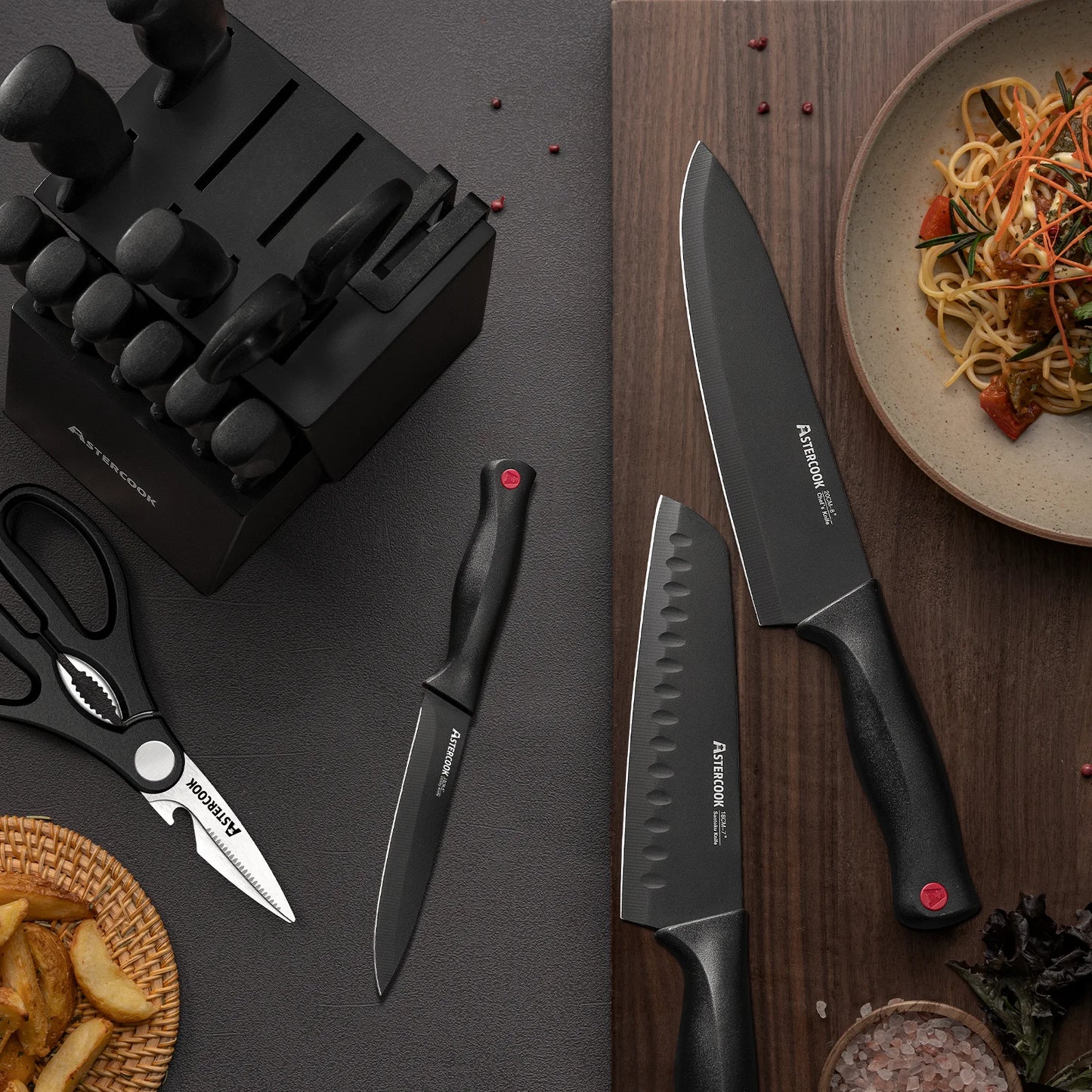 Kitchen Knife Set, 14 Pcs Knives Block Set with Built-In Sharpener, Healthy Anti-Rust Coating & German Stainless Steel Knife Set, Dishwasher Safe Black