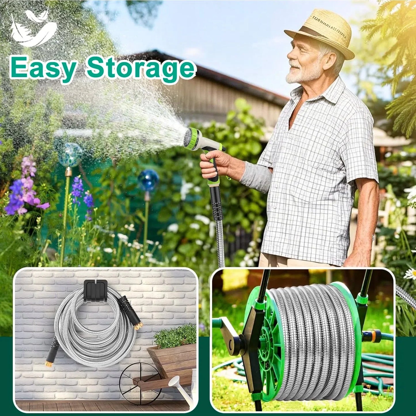 Metal Garden Hose 50Ft, 304 Stainless Steel Garden Hose, Heavy Duty Water Hoses with 10 Function Hose Nozzle, Flexible, No Kink & Tangle, Leak & Puncture Proof, 150Psi