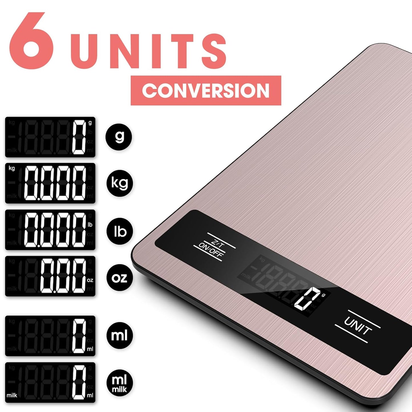 Food Scale, 11Lb Digital Kitchen Scale Weight Grams and Ounces for Baking, Cooking and Meal Prep, 1G / 0.1Oz Precise Graduation with 6 Units and Tare Function, LCD Display & Stainless Steel