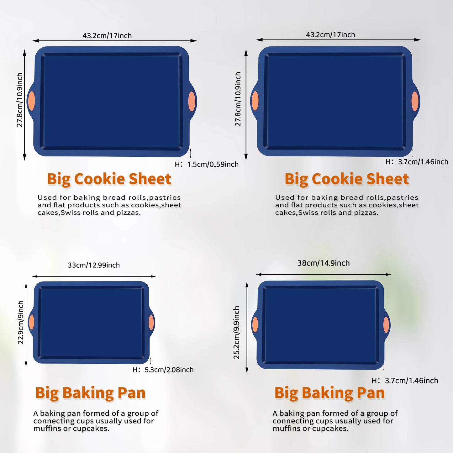 Silicone Baking Pans Set, 4 Pieces Nonstick Bakeware Set with Baking Pans, Baking Sheets, Cookie Sheets, Cake Pan with Metal Reinforced Frame More Strength, Navy Blue