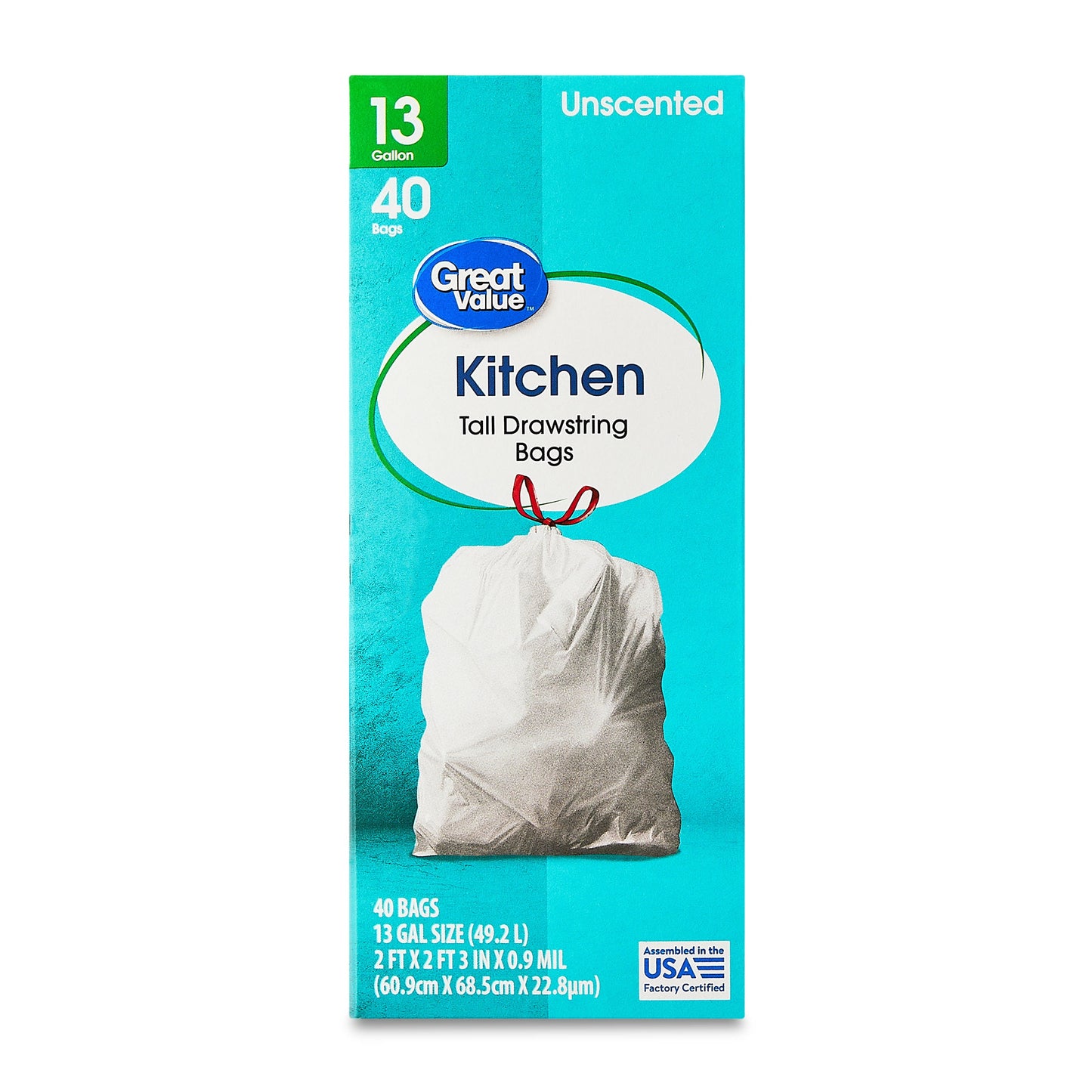 13-Gallon Drawstring Tall Kitchen Trash Bags, Unscented, 40 Bags