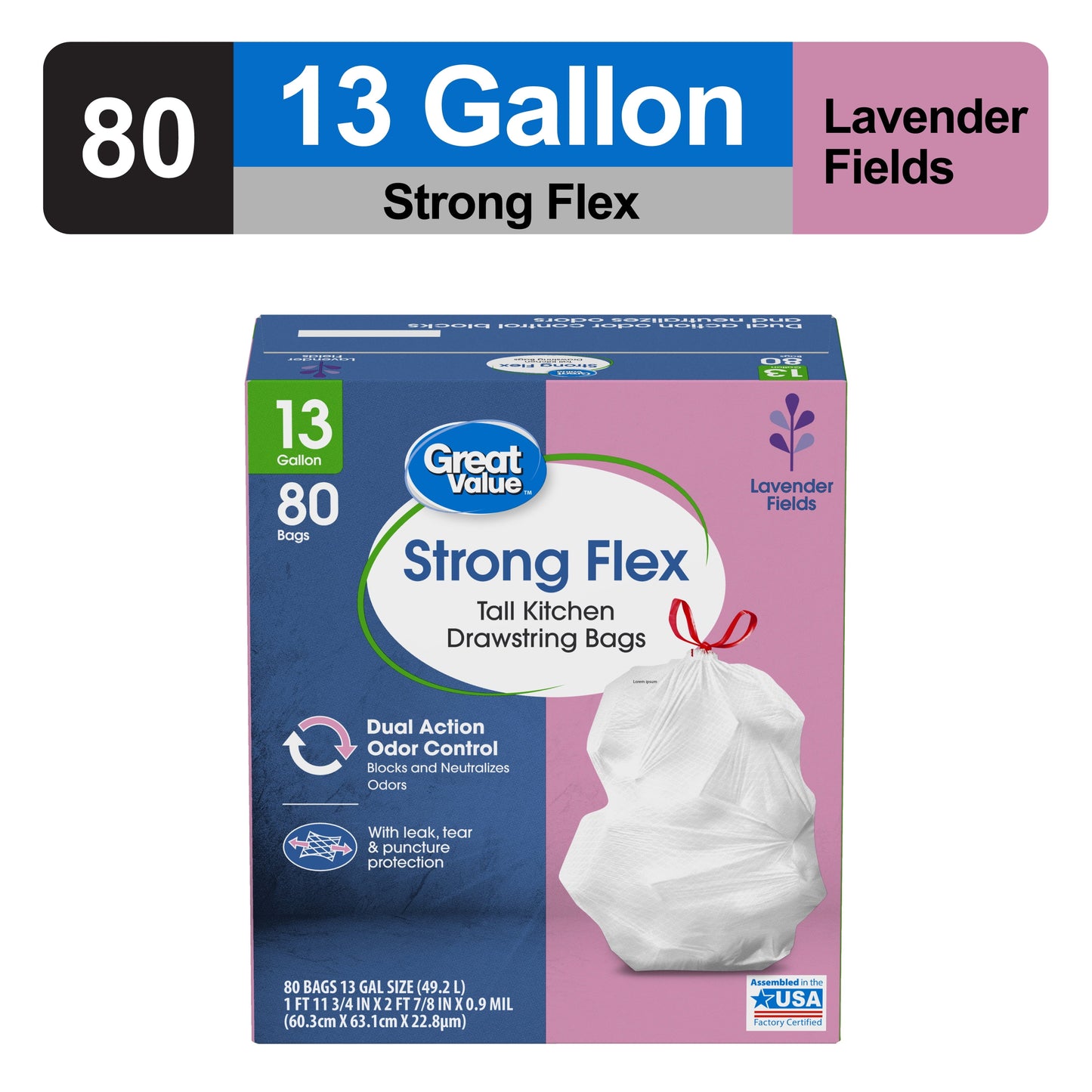 Strong Flex Tall Kitchen Drawstring Bags, Lavender Fields, 13 Gallon, 80 Count
