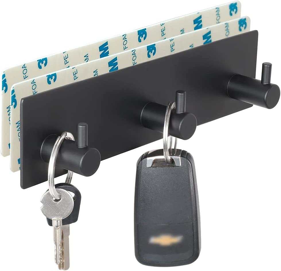 Key Holder for Wall – 3 Hook Stainless Steel Rack with 2 Self-Adhesive Tapes, No-Drill Installation