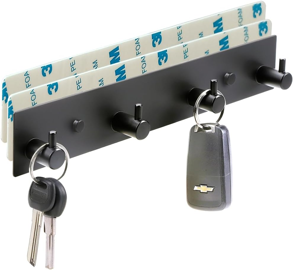 Key Holder for Wall – 3 Hook Stainless Steel Rack with 2 Self-Adhesive Tapes, No-Drill Installation