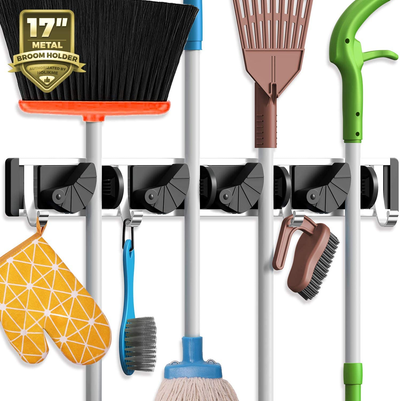 Wall Mount Mop Broom Holder – Metal Tool Organizer with 4 Slots & 4 Hooks