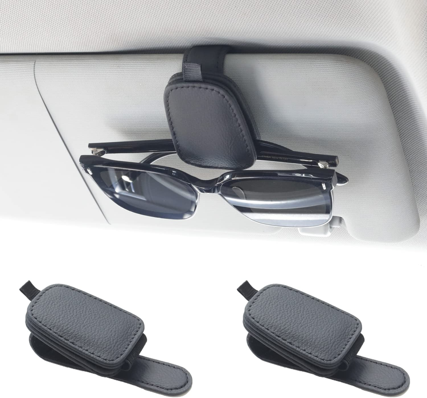 2-Pack Magnetic Leather Sunglass Holder for Car Visor – Glasses & Card Clip Organizer