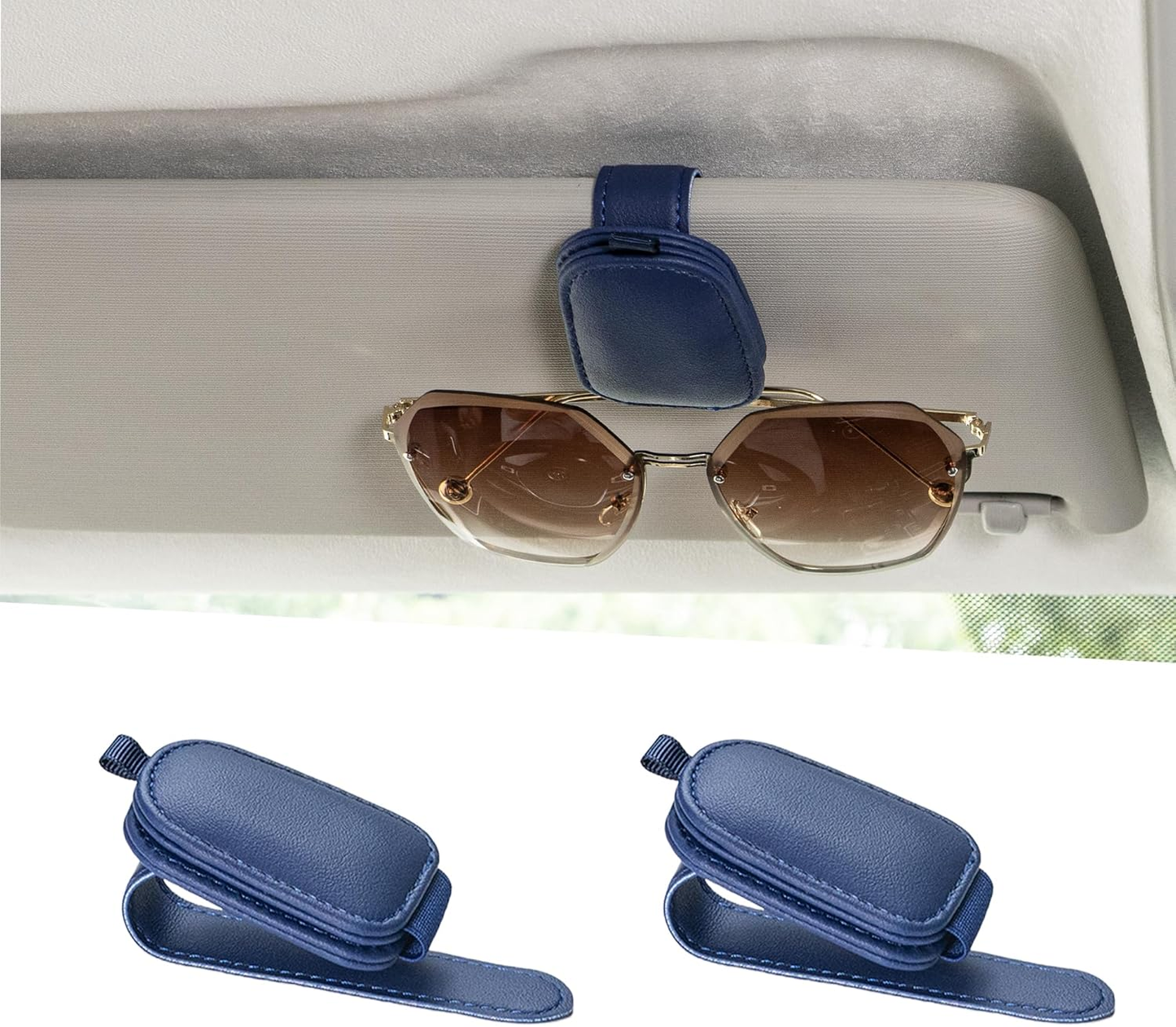 2-Pack Magnetic Leather Sunglass Holder for Car Visor – Glasses & Card Clip Organizer