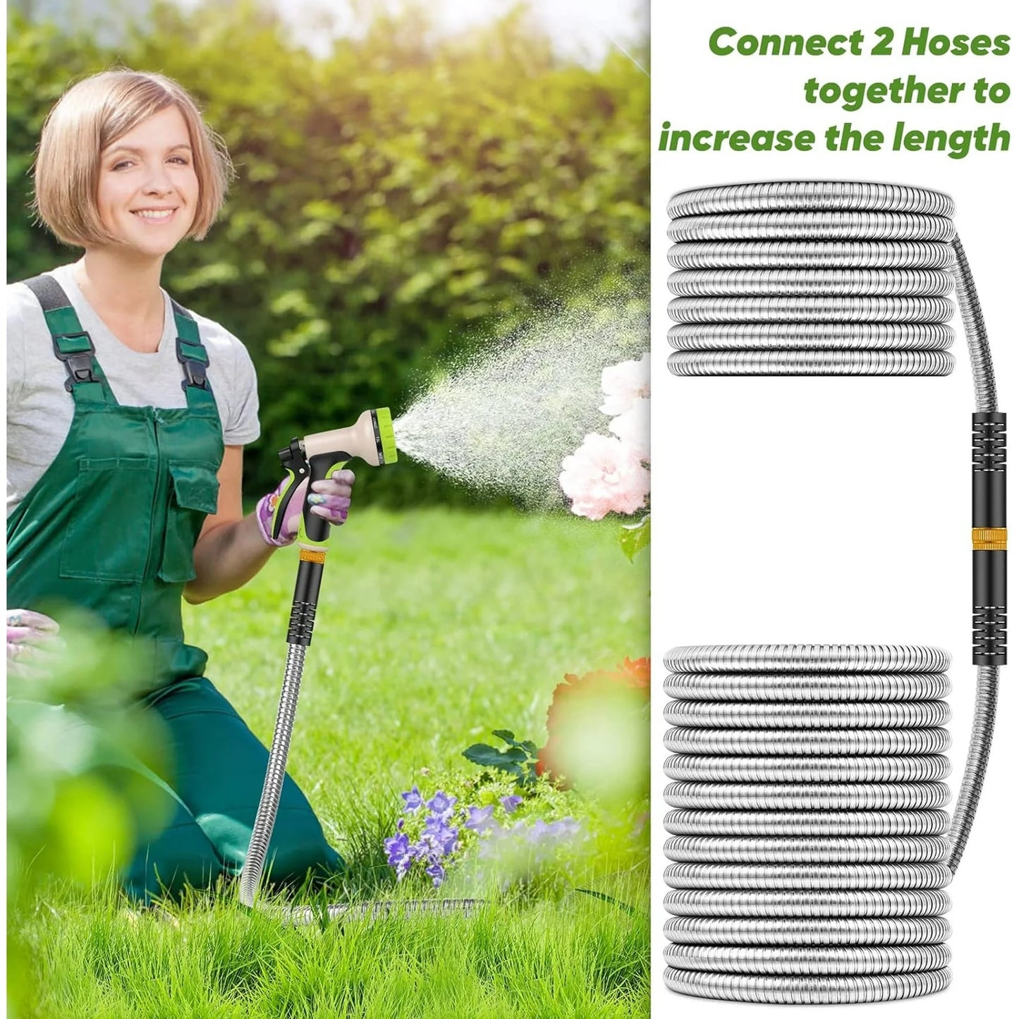 Metal Garden Hose 50Ft, 304 Stainless Steel Garden Hose, Heavy Duty Water Hoses with 10 Function Hose Nozzle, Flexible, No Kink & Tangle, Leak & Puncture Proof, 150Psi