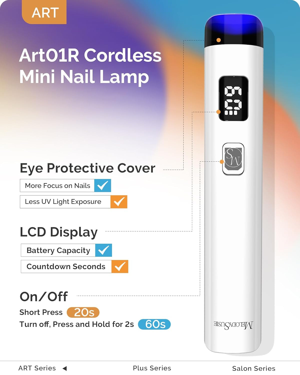 Handheld UV Light for Gel Nails, ART01R Cordless Gel X Nail Lamp Rechargeable with LCD Display, Eye-Protective Cover Flash Cure Nail Dryer for Rhinestone Glue Decoration DIY at Home White