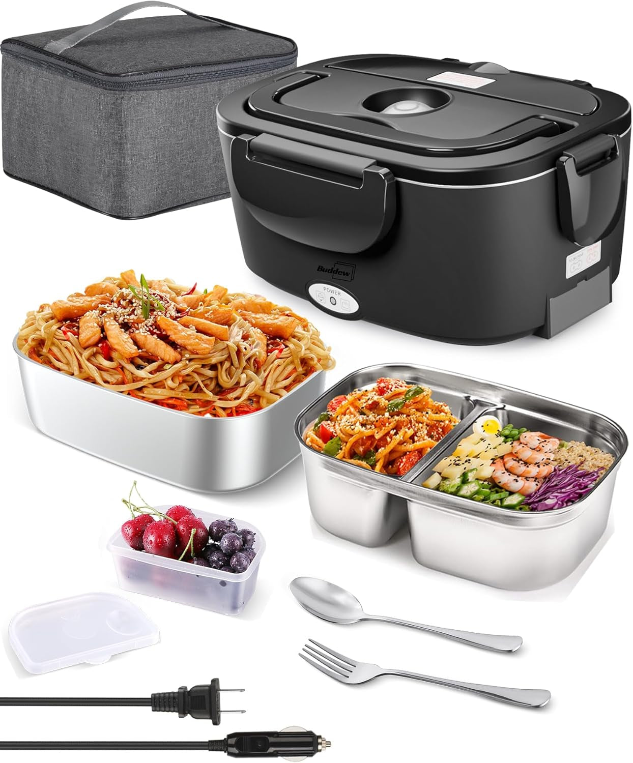 Electric Lunch Box 80W Food Heater for Adults, 12/24/110 V Portable Food Warmer for Travel & Work, 1.5L Food Warmers, Loncheras Para Hombres De Trabajo (Green)