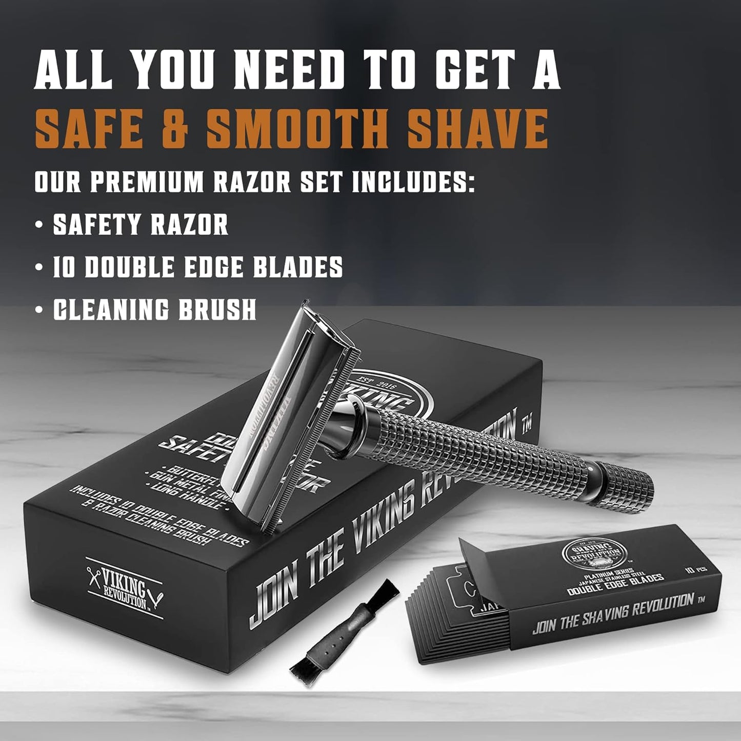 Long Handle Double Edge Safety Razor - Butterfly Open Razor 10 Japanese Stainless Steel Double Edge Blades - Close, Clean Shaving Razor Men., Black Long Handle, 12 Piece Set