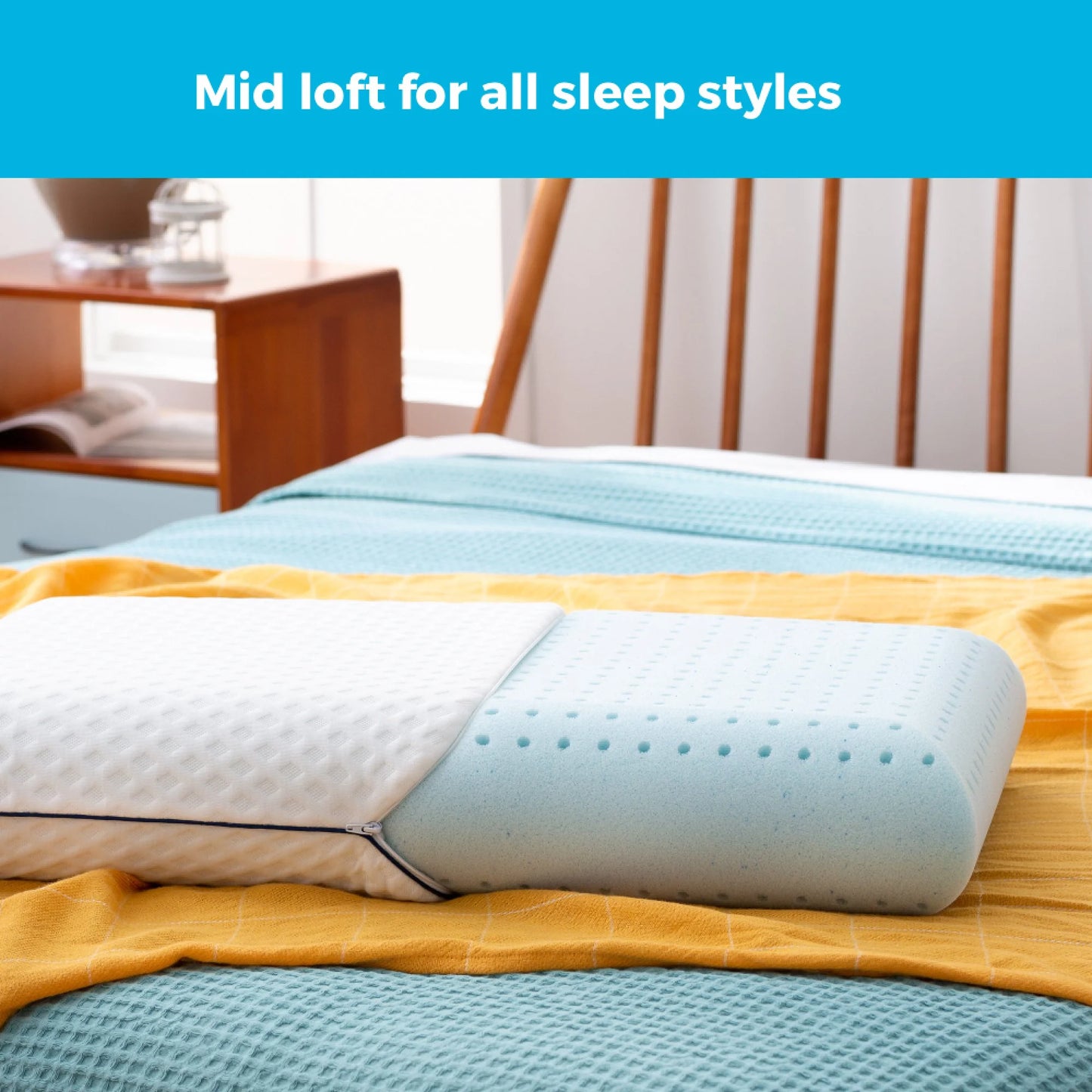 Medium Feel Standard Size Ventilated Gel Memory Foam Bed Pillow with Washable Cover and Temperature Regulating Infusion