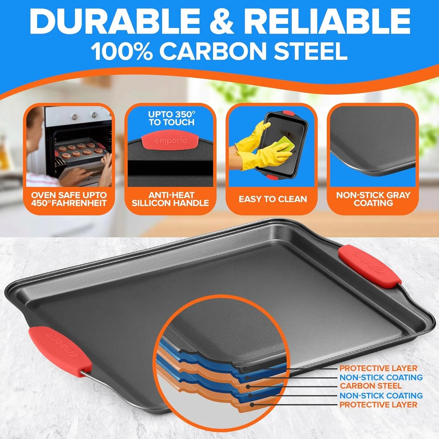 Baking Pan Set - Nonstick Coating, Carbon Steel Bakeware Set with Red Silicone Handles, Recipe Booklet Included, Oven Safe Tray (Up to 450° F), Set of 3 - Black