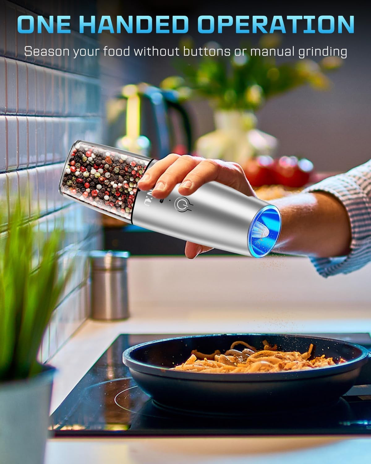 RECHARGEABLE Salt and Pepper Grinder Set,Automatic Pepper Mill,Usb Rechargeable,Adjustable Coarseness,One-Handed Operation,Ceramic Burr,Refillable,Auto Grinders Shakers LED Light,Sliver