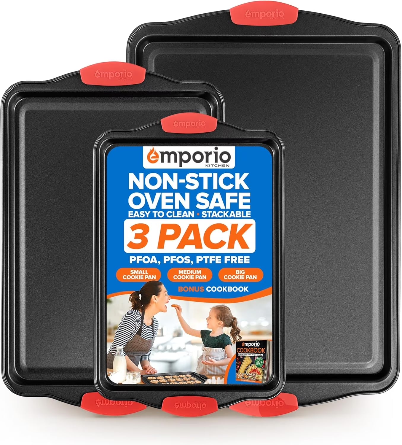 Baking Pan Set - Nonstick Coating, Carbon Steel Bakeware Set with Red Silicone Handles, Recipe Booklet Included, Oven Safe Tray (Up to 450° F), Set of 3 - Black