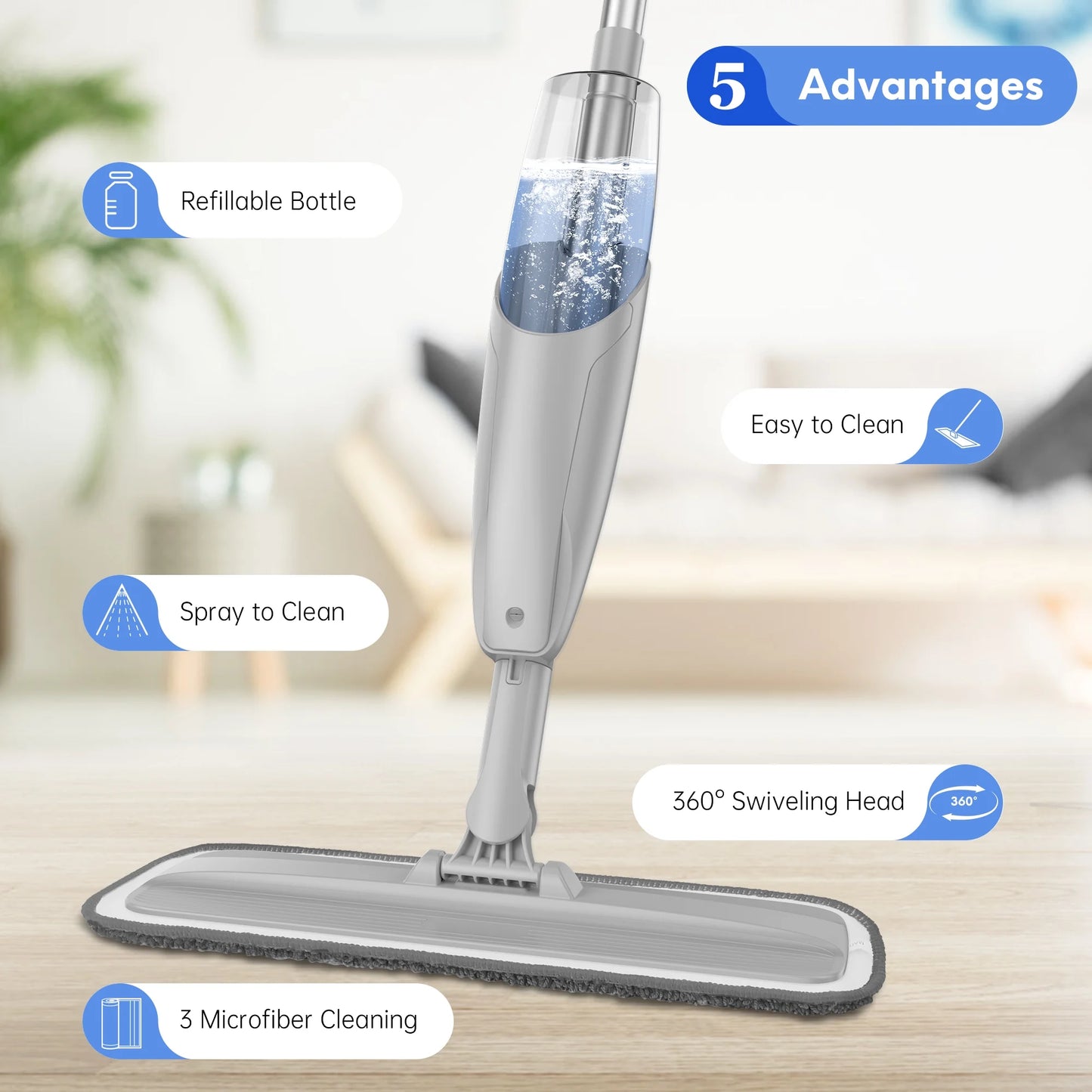 Spray Mop for Floor Cleaning Wet, with 14 Oz Refillable Bottle and 3 Washable Microfiber Pads Home and Commercial Use, Gray