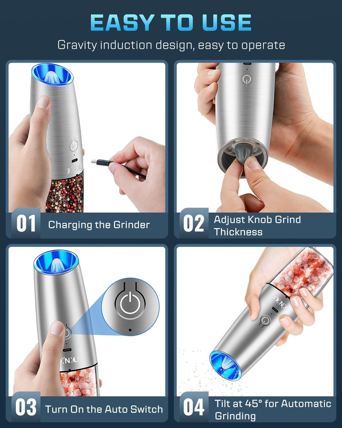 RECHARGEABLE Salt and Pepper Grinder Set,Automatic Pepper Mill,Usb Rechargeable,Adjustable Coarseness,One-Handed Operation,Ceramic Burr,Refillable,Auto Grinders Shakers LED Light,Sliver
