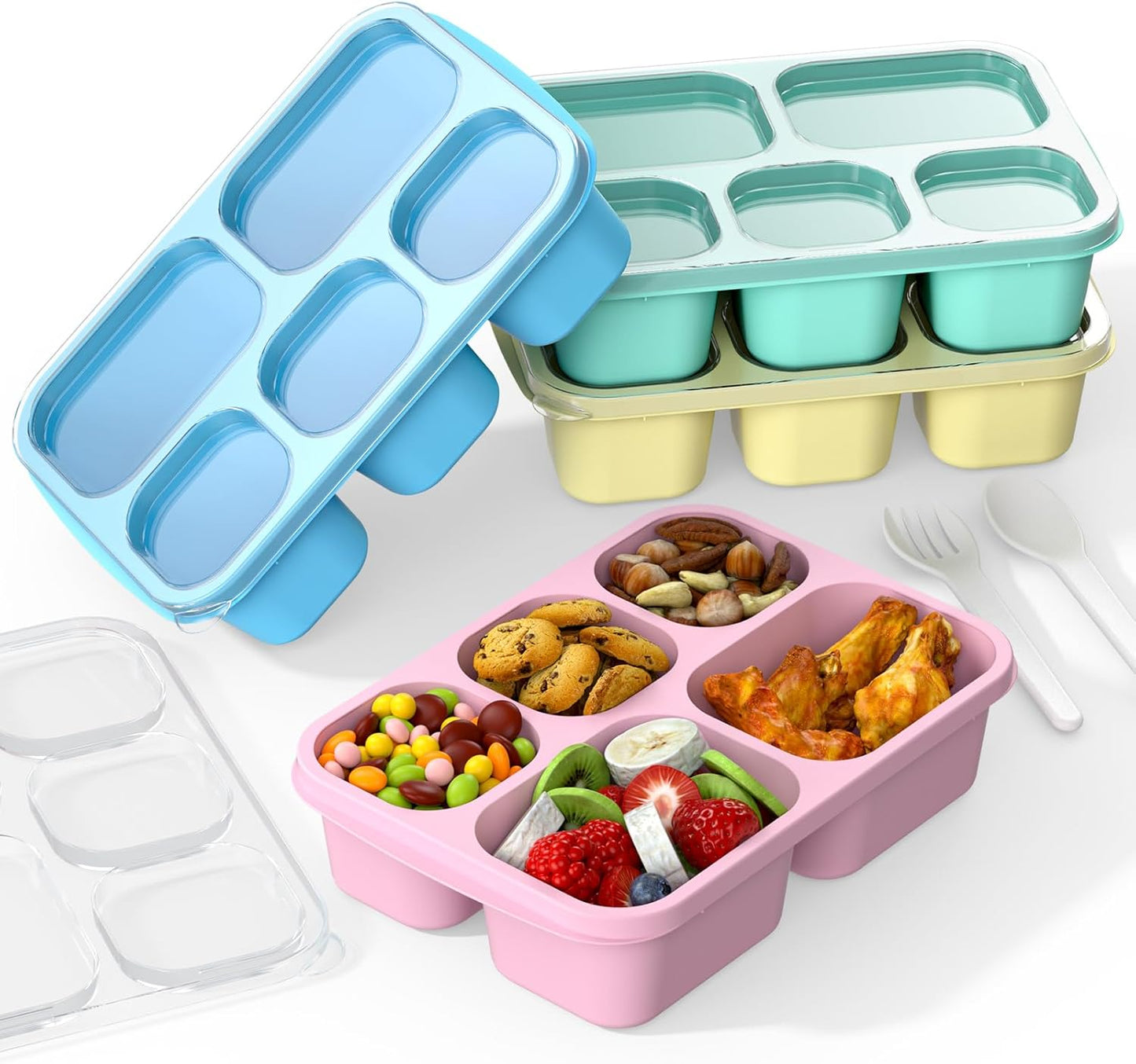 Bento Box Adult Lunch Box - 4 Pack, 5 - Compartment Meal Prep Container for Kids, Reusable Food Storage Snack Containers - Stackable for School, Work, and Travel (Wheat(Green/Blue/Pink/Beige))