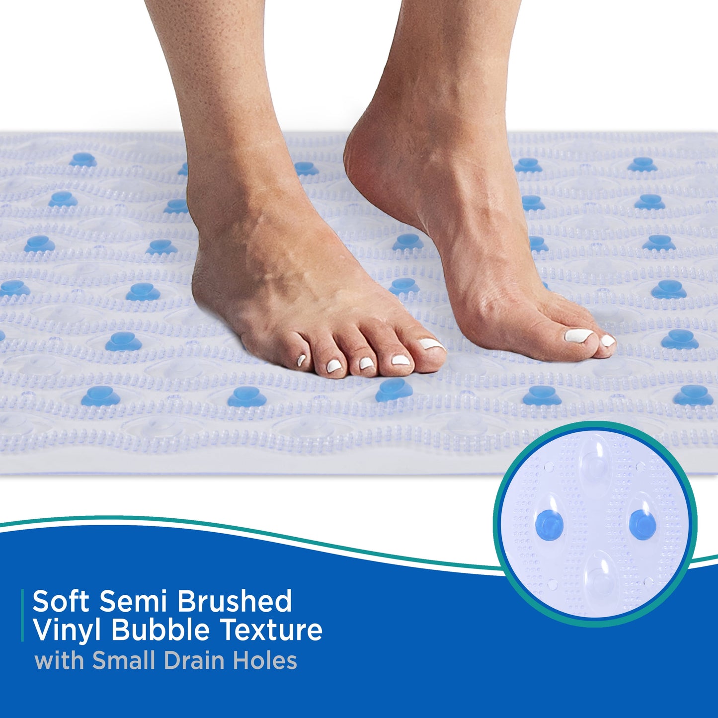 ® inside the Shower Vinyl Semi-Brushed Bath Mat with Suction Cups and Drain Holes, 27.5" L X 15.5" W, Clear and Blue