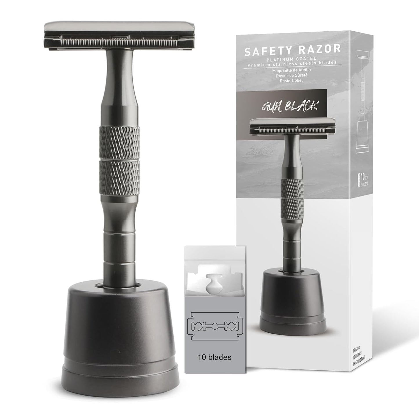 Gun Black Safety Razor, Single Blade Razors for Men, with 10 Platinum Coated Stainless Steel Double Edge Safety Razor Blades, Smooth & Close Shave, Plastic Free, Sustainable