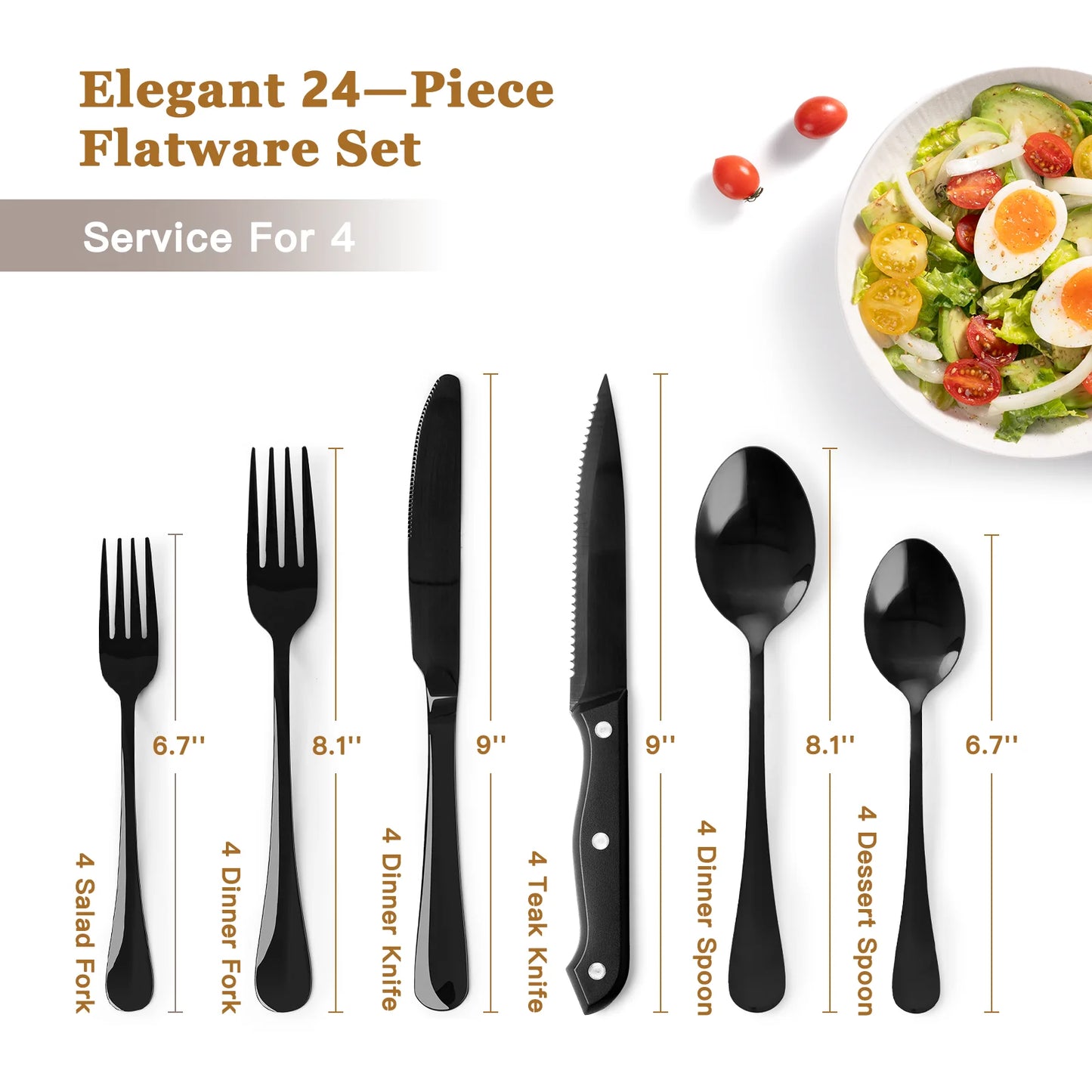 25-Pieces Black Silverware Set with Steak Knives, Black Flatware Set for 4, Food-Grade Stainless Steel Tableware Cutlery Set, Eating Mirror Polished Utensil Set for Home Restaurant