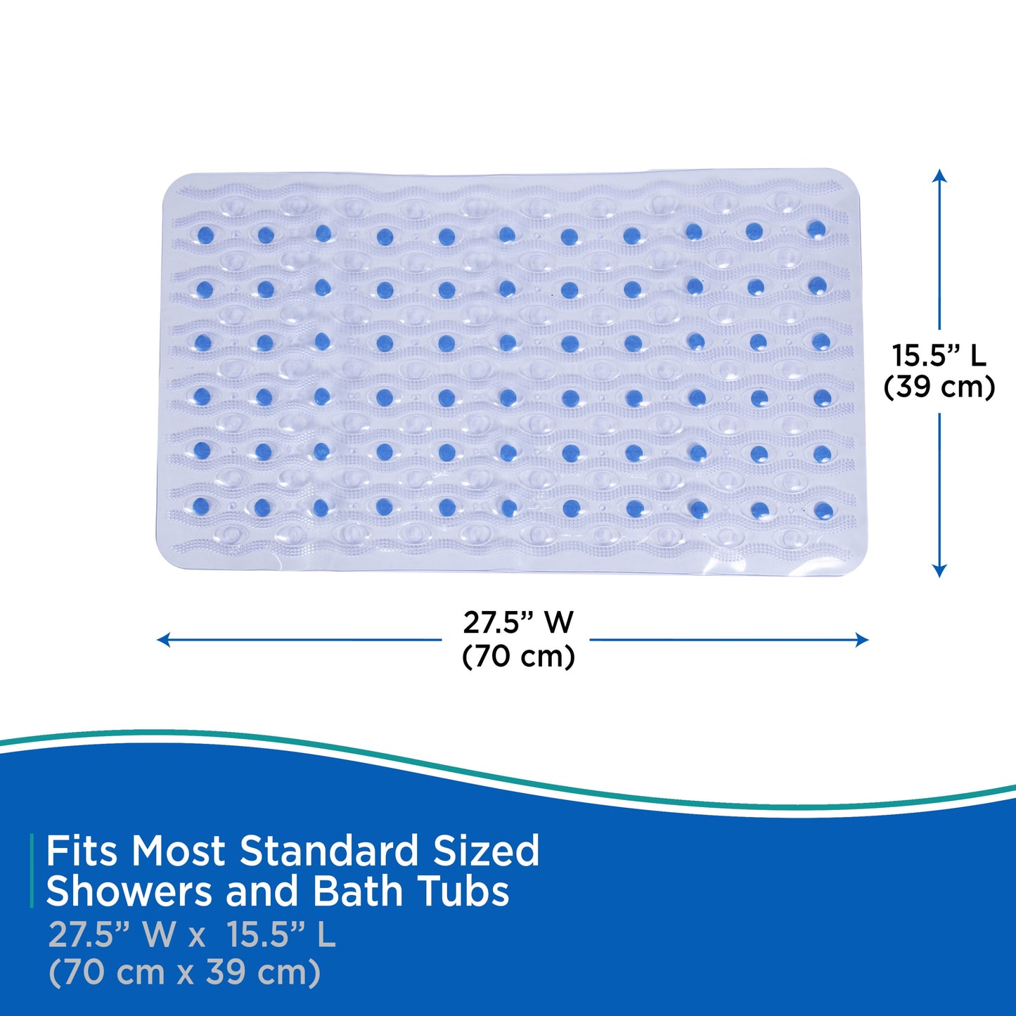 ® inside the Shower Vinyl Semi-Brushed Bath Mat with Suction Cups and Drain Holes, 27.5" L X 15.5" W, Clear and Blue
