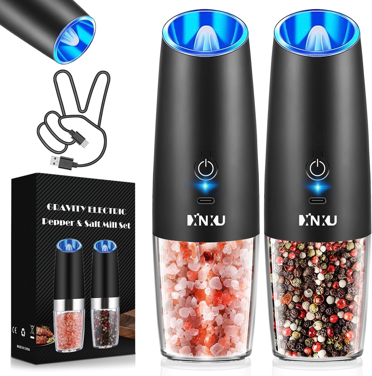 RECHARGEABLE Salt and Pepper Grinder Set,Automatic Pepper Mill,Usb Rechargeable,Adjustable Coarseness,One-Handed Operation,Ceramic Burr,Refillable,Auto Grinders Shakers LED Light,Sliver