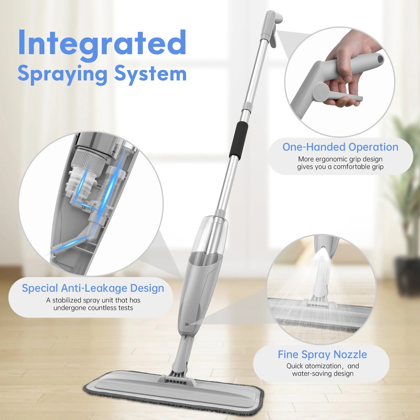 Spray Mop for Floor Cleaning Wet, with 14 Oz Refillable Bottle and 3 Washable Microfiber Pads Home and Commercial Use, Gray