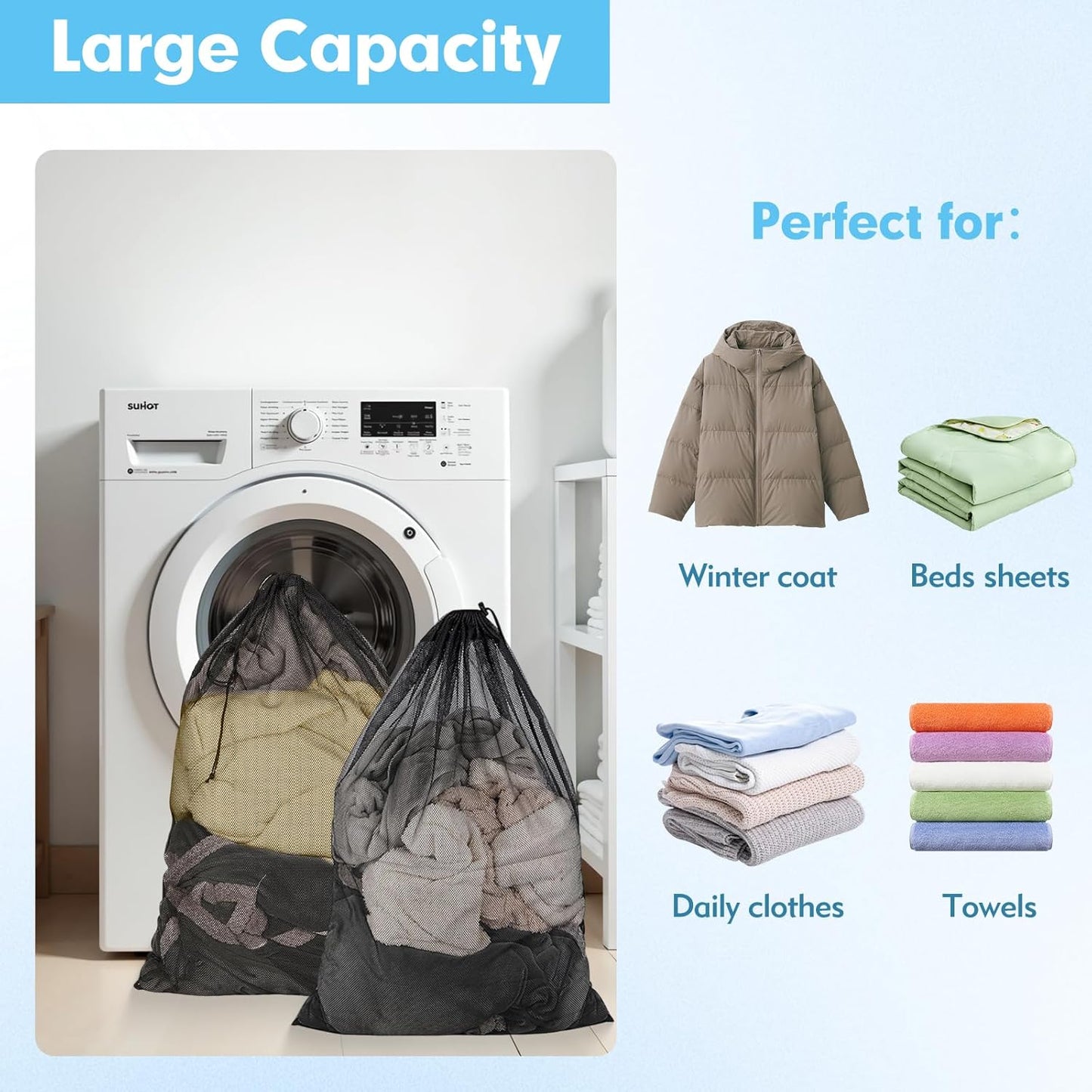 2 Pcs Mesh Laundry Bags, 24X35 Inches Large Mesh Laundry Bag with Drawstring, Large Laundry Drawstring Bag for Travel, Home, College and Apartment