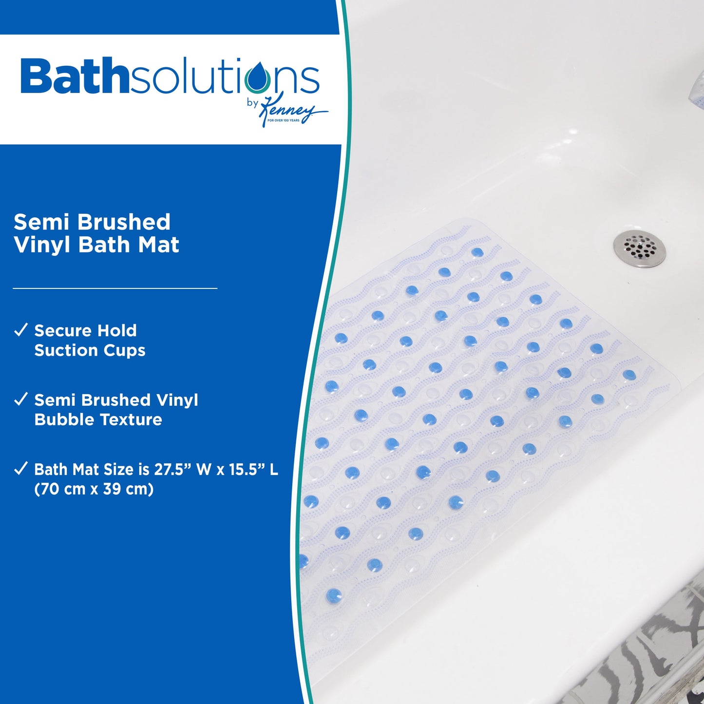 ® inside the Shower Vinyl Semi-Brushed Bath Mat with Suction Cups and Drain Holes, 27.5" L X 15.5" W, Clear and Blue