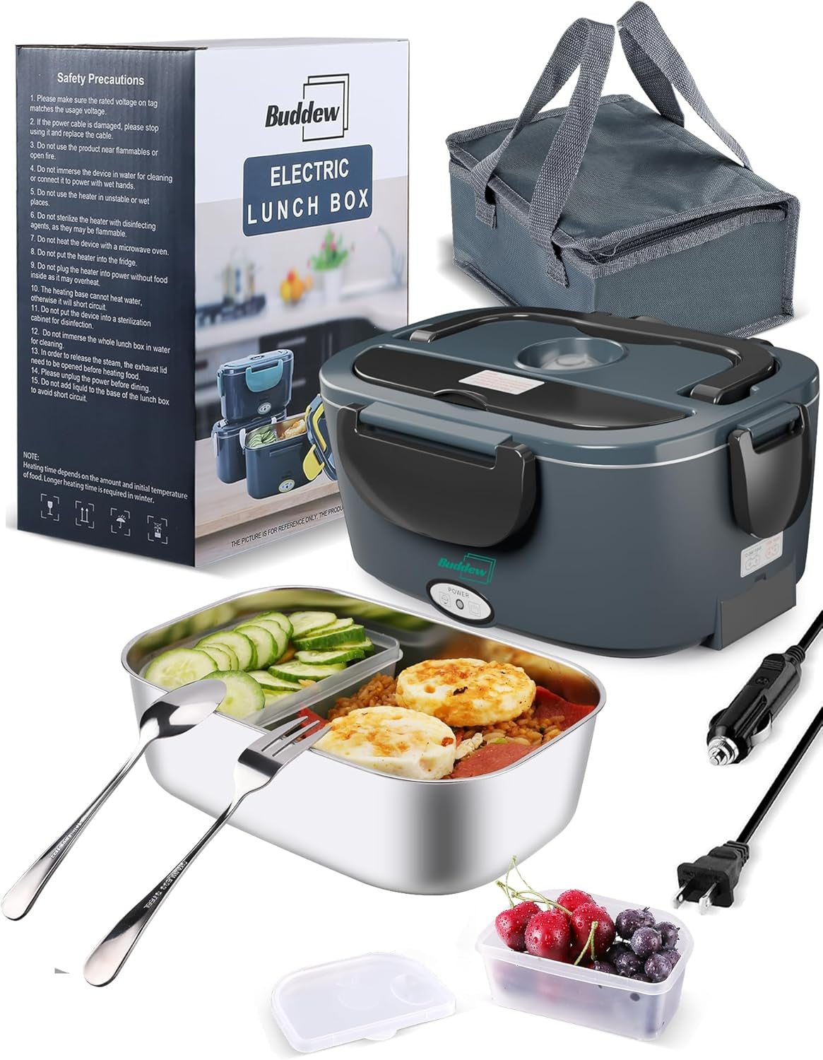Electric Lunch Box 80W Food Heater for Adults, 12/24/110 V Portable Food Warmer for Travel & Work, 1.5L Food Warmers, Loncheras Para Hombres De Trabajo (Green)
