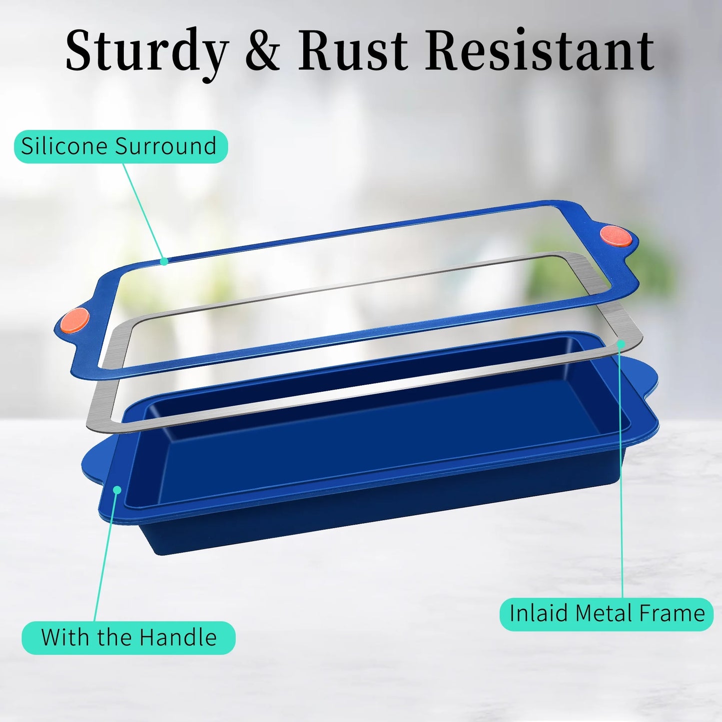 Silicone Baking Pans Set, 4 Pieces Nonstick Bakeware Set with Baking Pans, Baking Sheets, Cookie Sheets, Cake Pan with Metal Reinforced Frame More Strength, Navy Blue