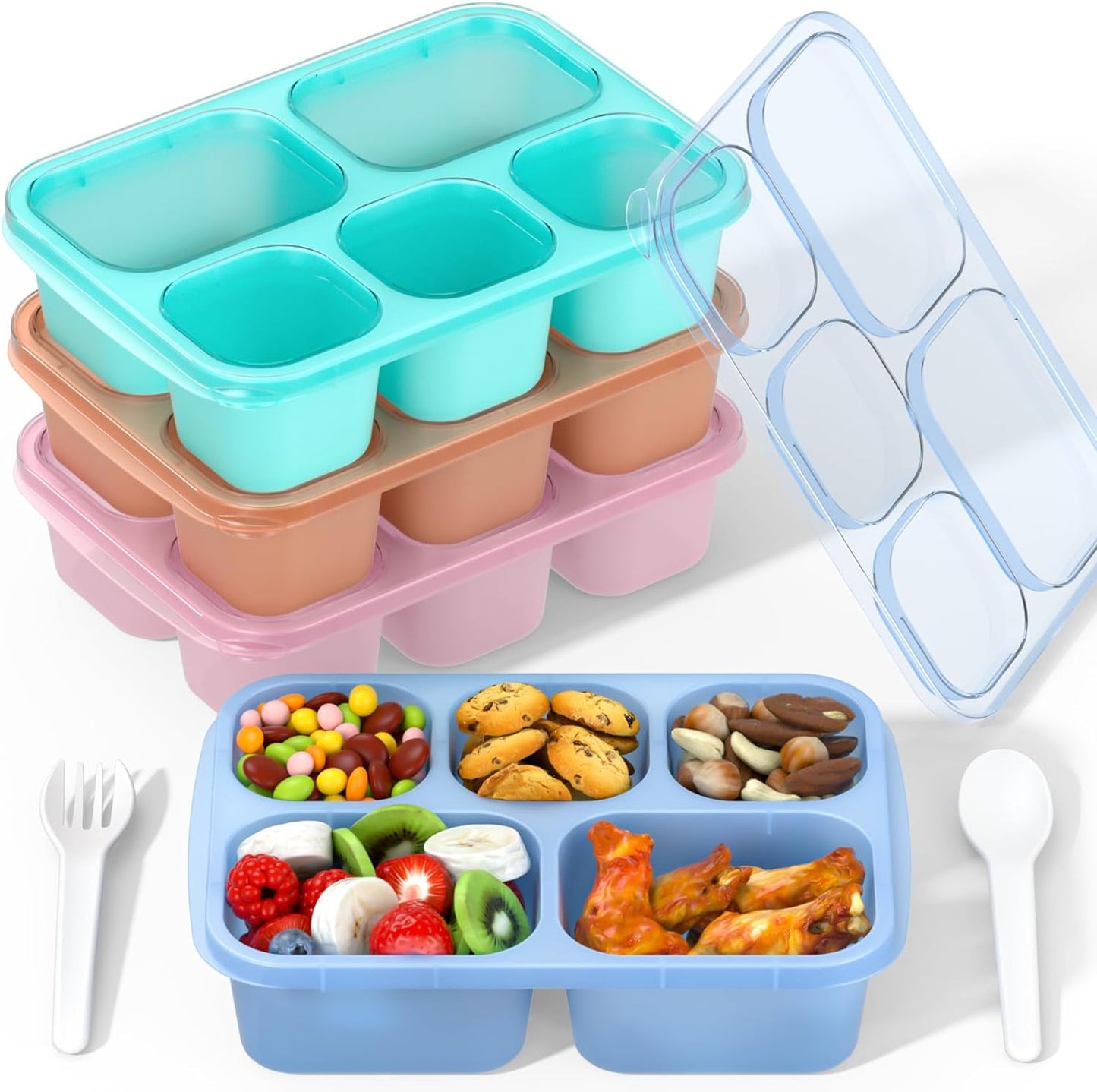 Bento Box Adult Lunch Box - 4 Pack, 5 - Compartment Meal Prep Container for Kids, Reusable Food Storage Snack Containers - Stackable for School, Work, and Travel (Wheat(Green/Blue/Pink/Beige))