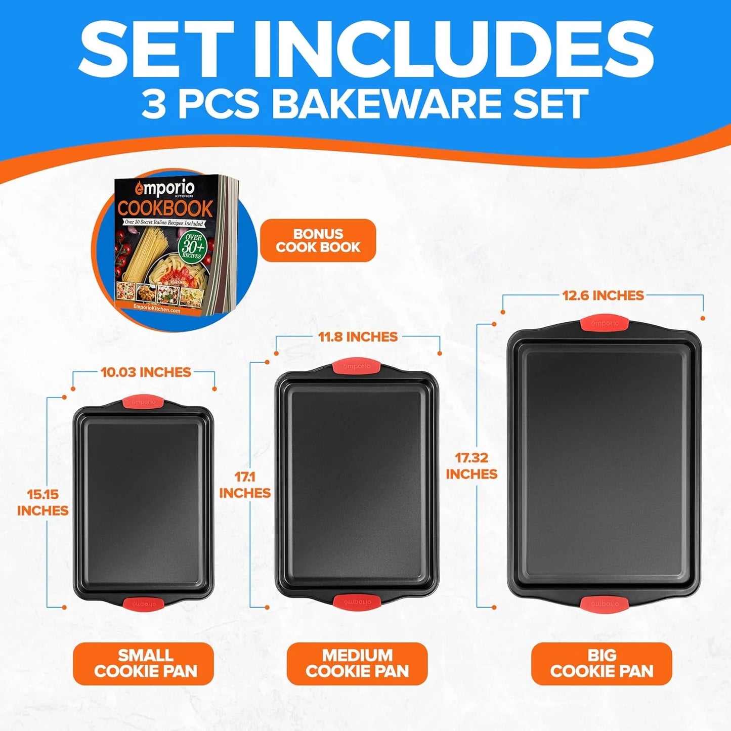 Baking Pan Set - Nonstick Coating, Carbon Steel Bakeware Set with Red Silicone Handles, Recipe Booklet Included, Oven Safe Tray (Up to 450° F), Set of 3 - Black