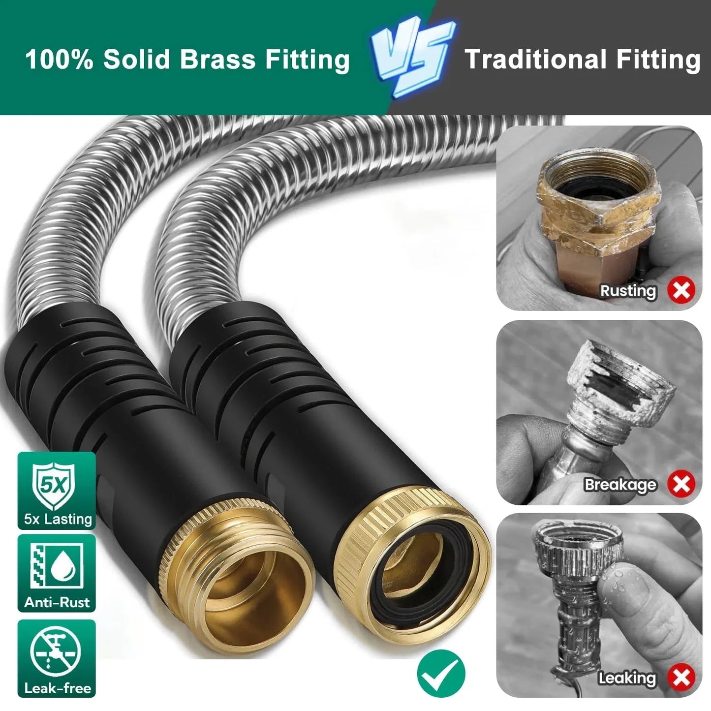 Metal Garden Hose 50Ft, 304 Stainless Steel Garden Hose, Heavy Duty Water Hoses with 10 Function Hose Nozzle, Flexible, No Kink & Tangle, Leak & Puncture Proof, 150Psi