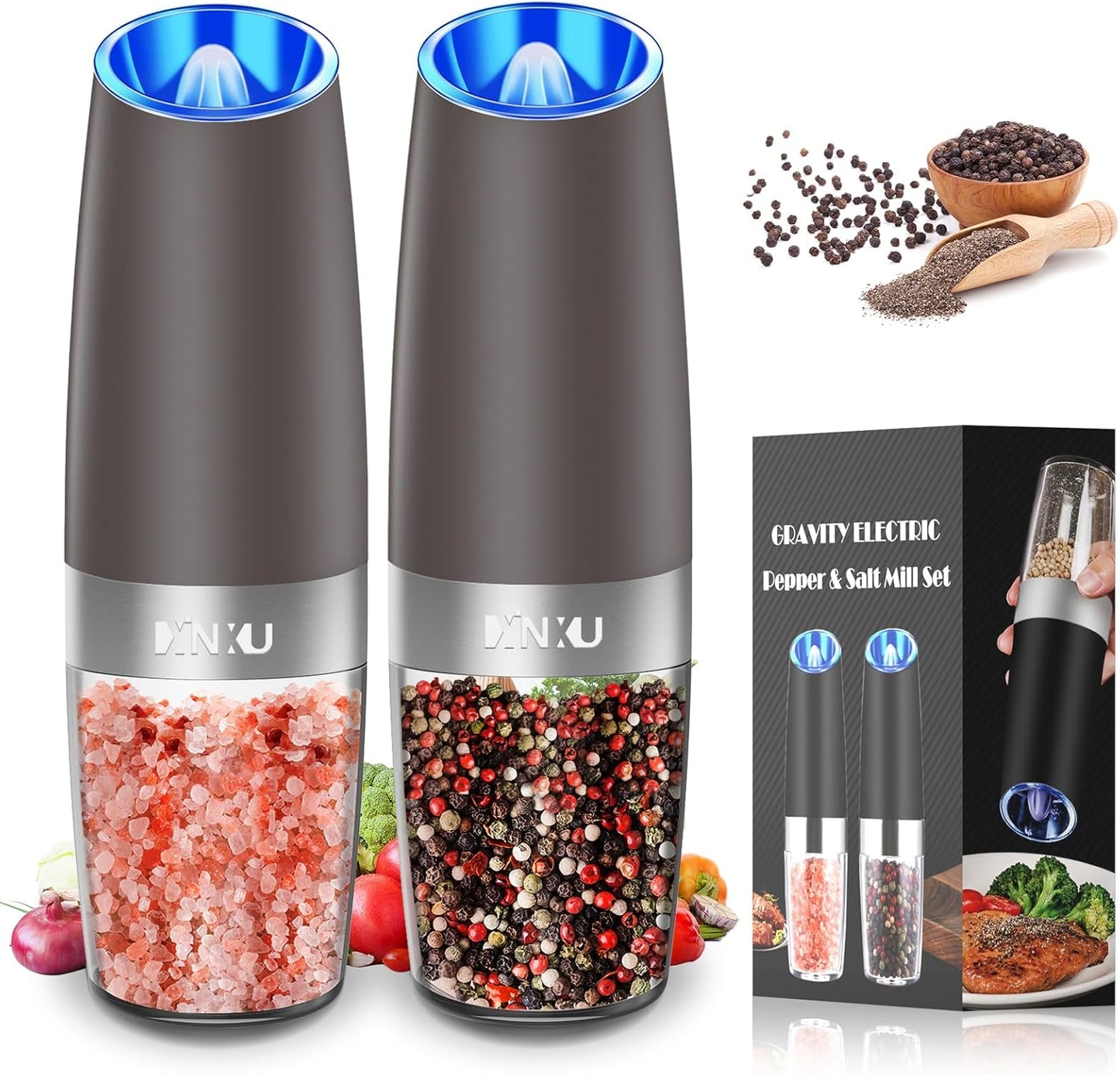 RECHARGEABLE Salt and Pepper Grinder Set,Automatic Pepper Mill,Usb Rechargeable,Adjustable Coarseness,One-Handed Operation,Ceramic Burr,Refillable,Auto Grinders Shakers LED Light,Sliver