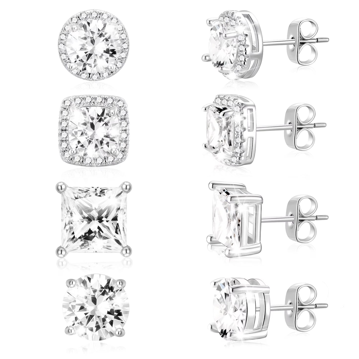 4 Pairs 18K White Gold Plated Halo Stud Earrings for Women Men CZ Hypoallergenic Post S925 Sterling Silver Earrings Set Wedding Birthday Jewelry Gifts Ideas Mom Wife Bride Boyfriend Husband