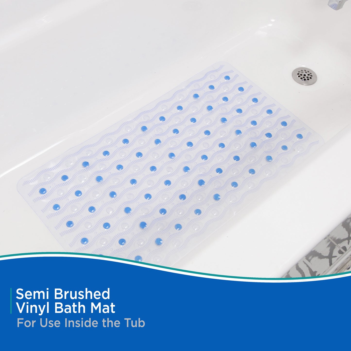 ® inside the Shower Vinyl Semi-Brushed Bath Mat with Suction Cups and Drain Holes, 27.5" L X 15.5" W, Clear and Blue