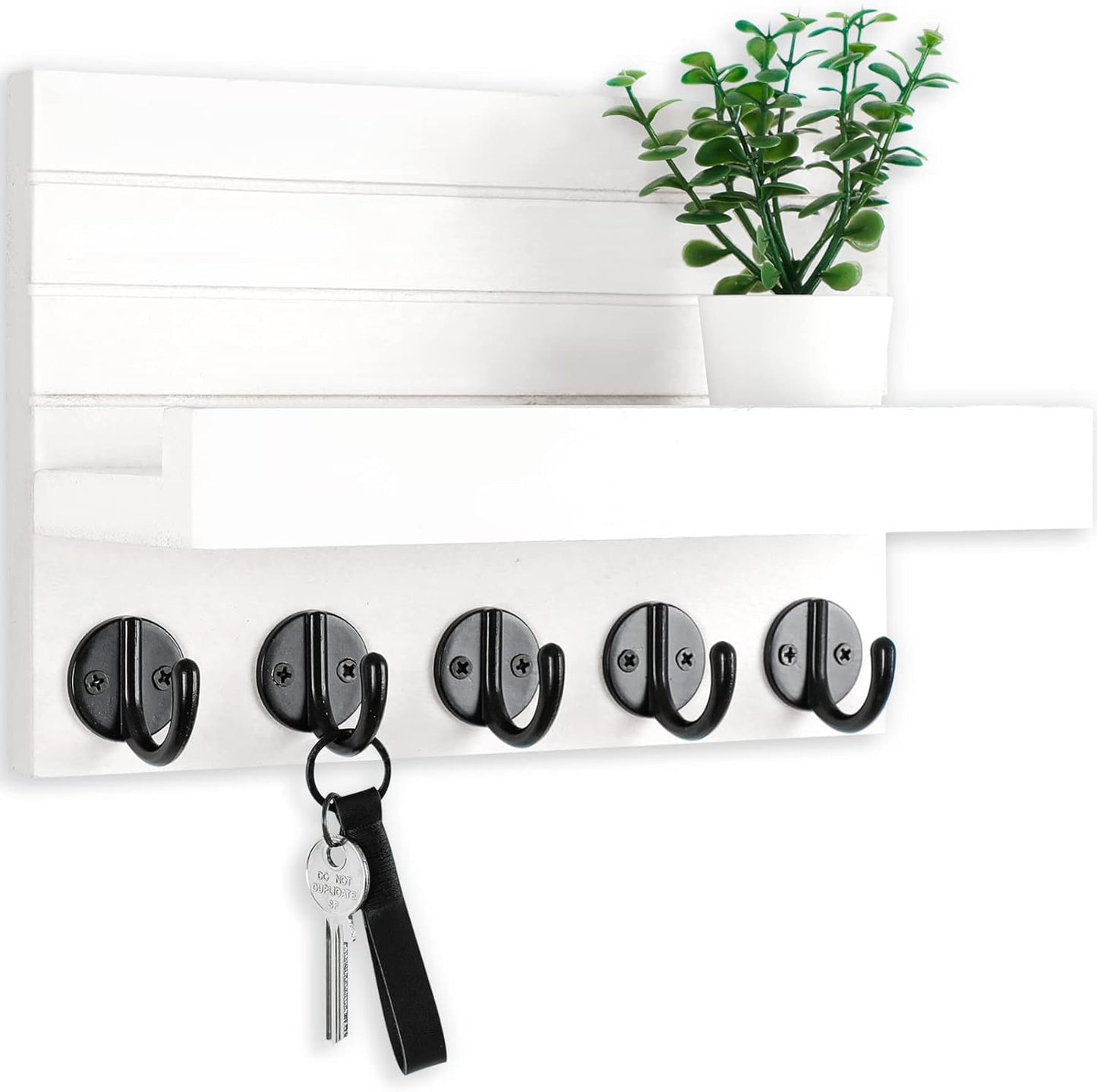 Key Holder for Wall, Decorative Key and Mail Holder with Shelf Has Large Hooks for Bags, Coats, Umbrella – Paulownia Wood Key Hanger with Mounting Hardware (9.8”W X 6.7”H X 4.2”D)