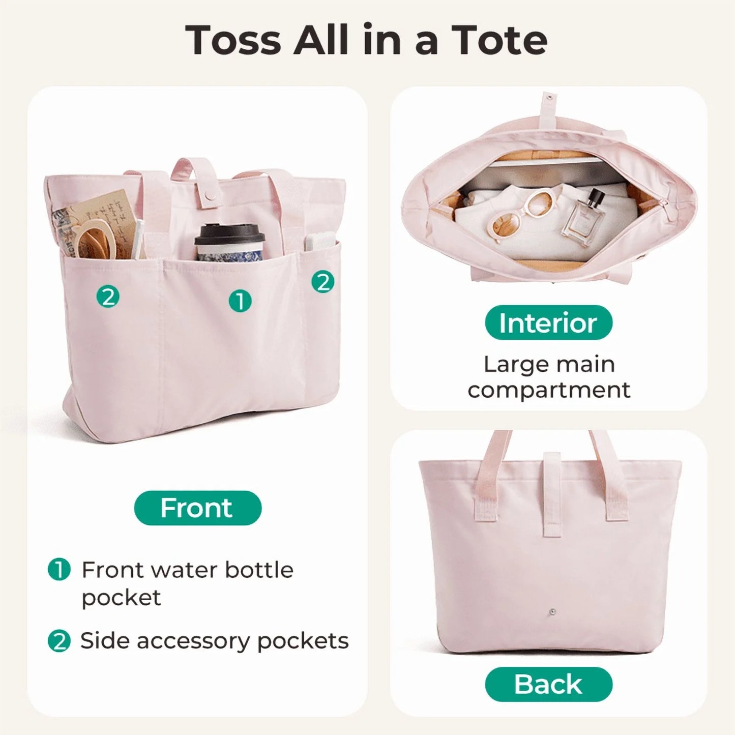 Foldable Tote Bag for Women, Laptop Tote Bag Top Handle Handbag for Travel, Work, Beach, Gym, Shop, Pink