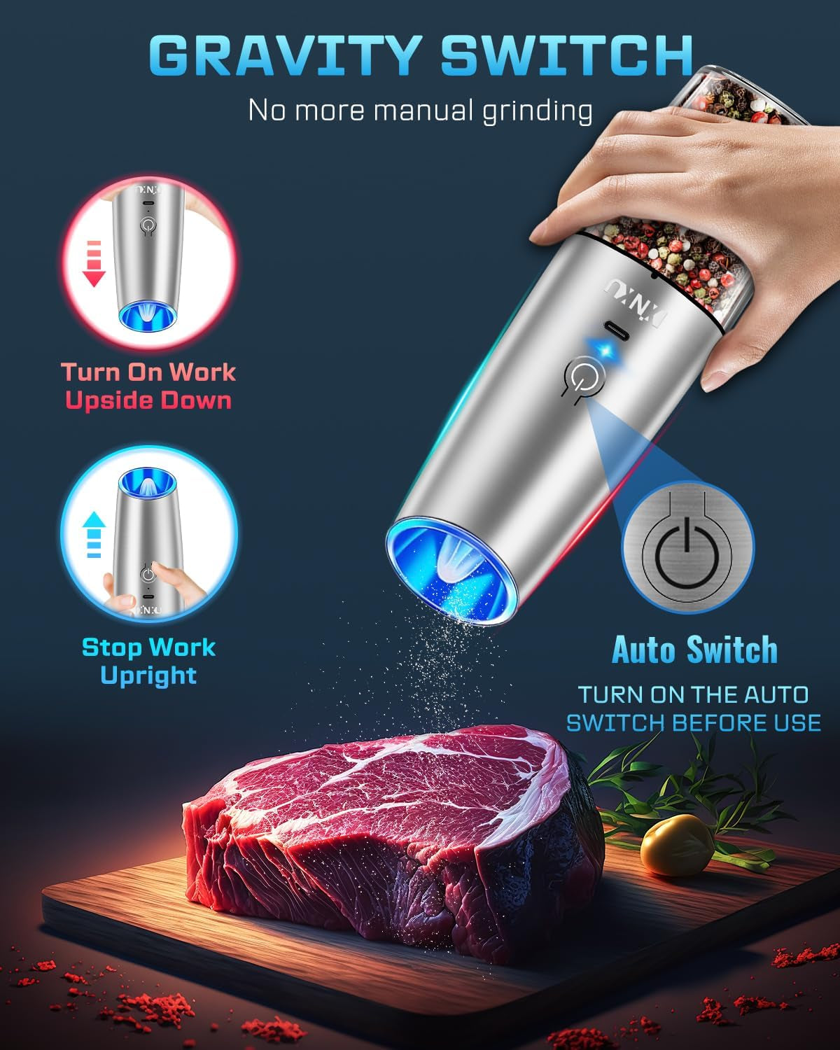 RECHARGEABLE Salt and Pepper Grinder Set,Automatic Pepper Mill,Usb Rechargeable,Adjustable Coarseness,One-Handed Operation,Ceramic Burr,Refillable,Auto Grinders Shakers LED Light,Sliver