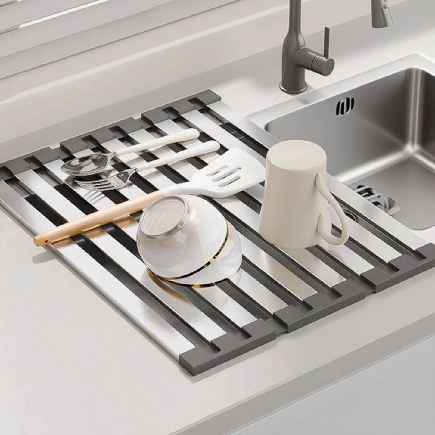Kitchen Foldable Stainless Steel Dish Rack over the Sink Dish Drying Rack Multipurpose Kitchen Drainer for Sink Dish Rack Heat Insulation Pad
