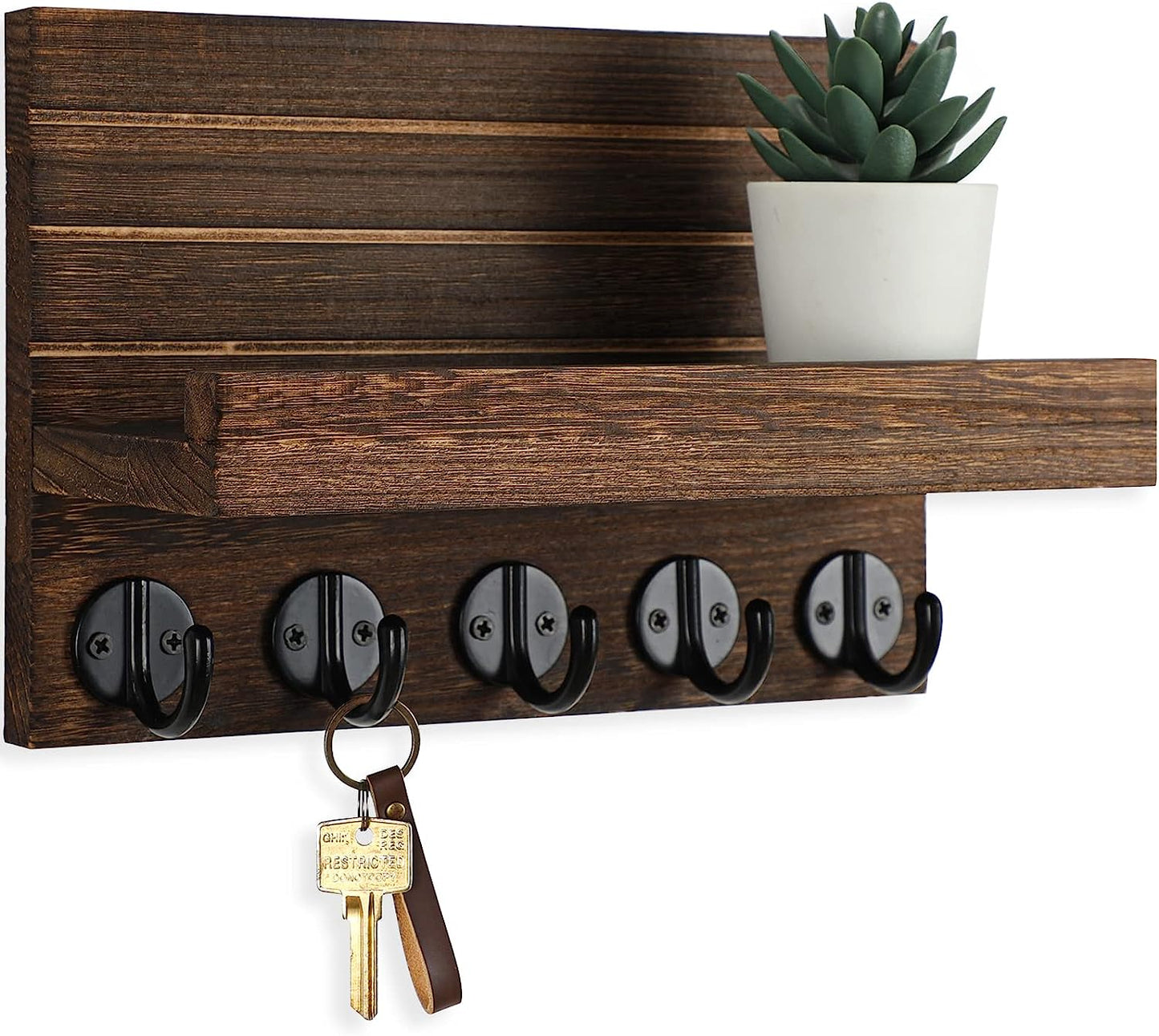 Key Holder for Wall, Decorative Key and Mail Holder with Shelf Has Large Hooks for Bags, Coats, Umbrella – Paulownia Wood Key Hanger with Mounting Hardware (9.8”W X 6.7”H X 4.2”D)