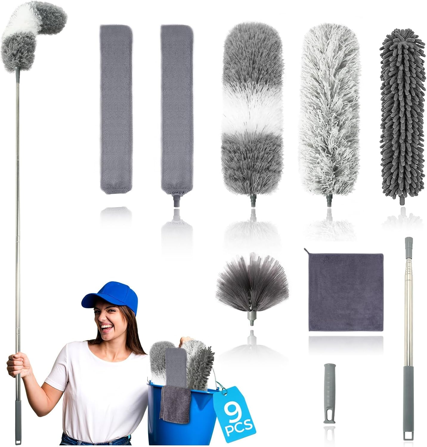 Retractable Gap Dust Cleaner Cleaning Tools with 2 Microfiber Dusting Cloths Long Handle 60Inches Washable and Retractable Duster Brush for Cleaning under Appliances Furniture Couch Fridge