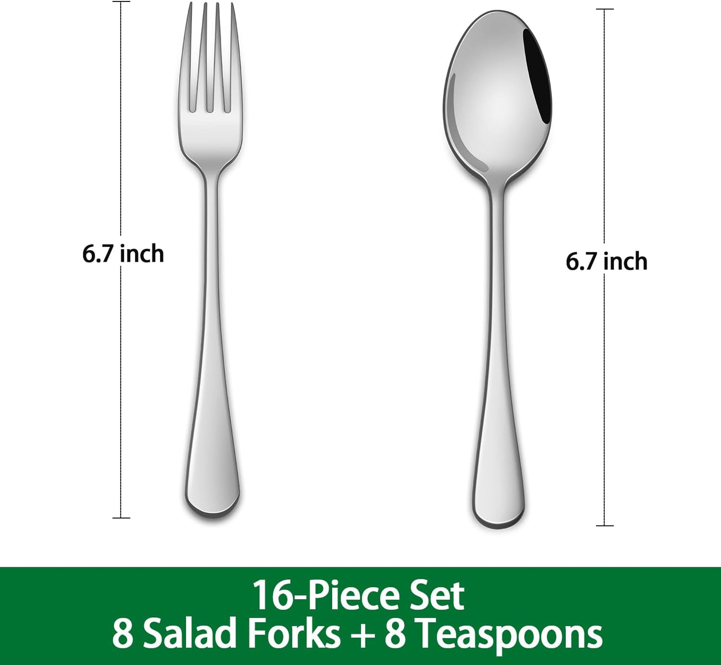 Salad Forks and Teaspoon,6.7 Inches Stainless Steel Dessert Spoons and Forks,Set of 16 Dishwasher Safe Silverware Fork and Spoon for Home,Restaurant