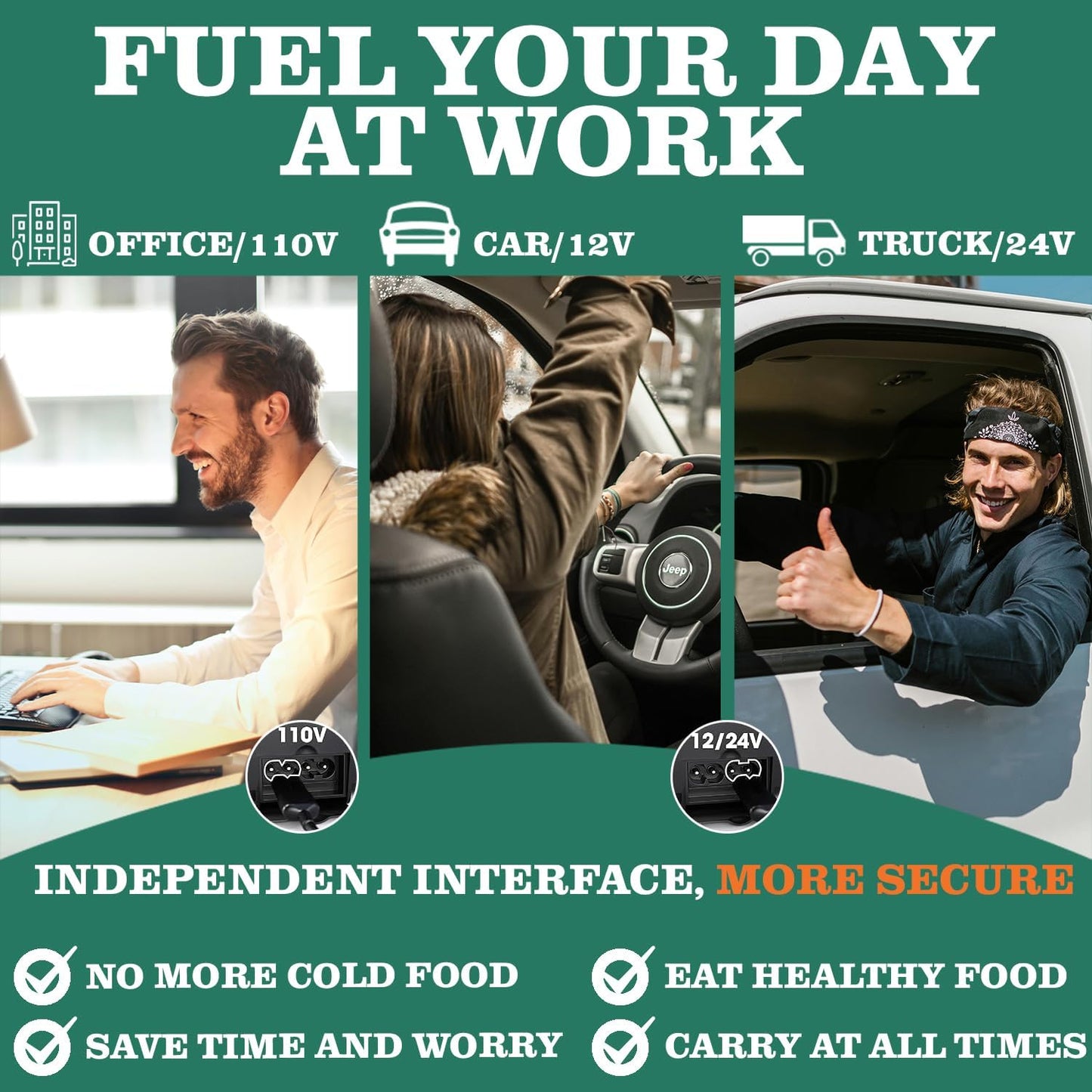 Electric Lunch Box 80W Food Heater for Adults, 12/24/110 V Portable Food Warmer for Travel & Work, 1.5L Food Warmers, Loncheras Para Hombres De Trabajo (Green)